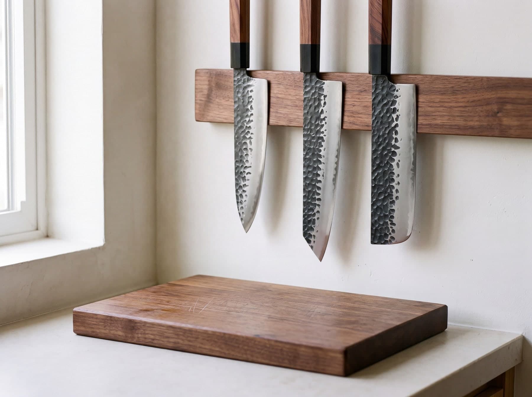 Three knives with hammered blades and wooden handles on a walnut magnetic strip above a walnut cutting board